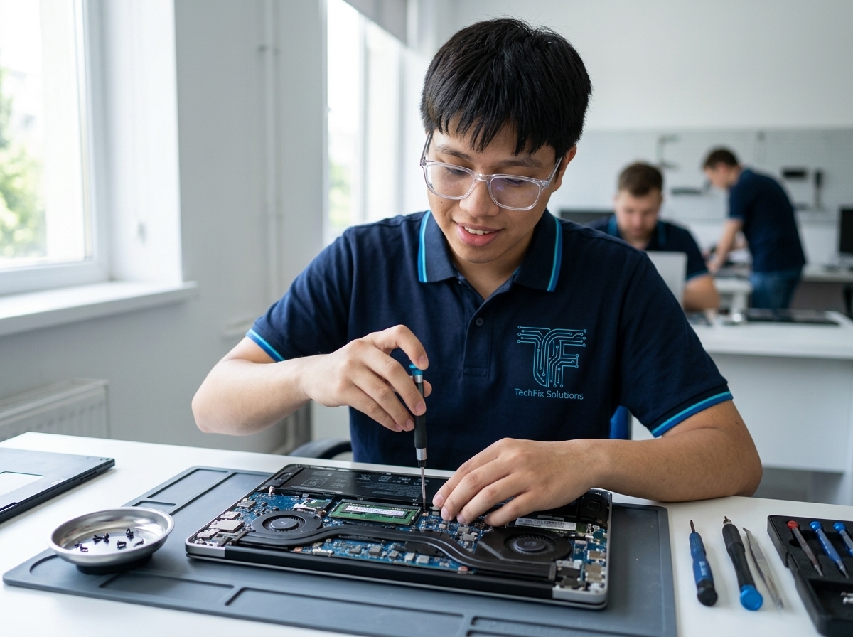 Técnico especialista de TechFix realizando mantenimiento de laptop a domicilio